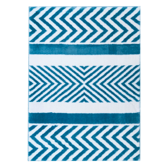 A blue and white are rug with geometric designs.
