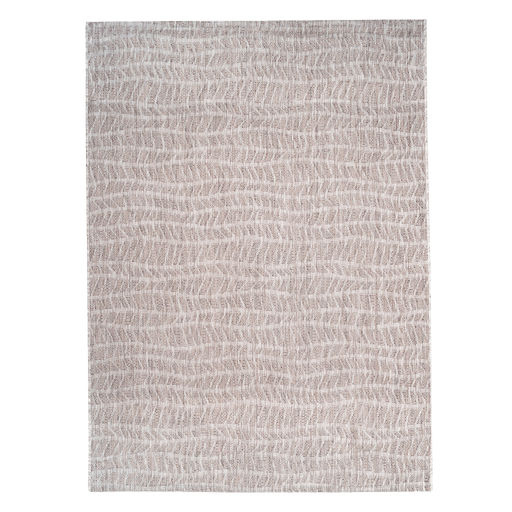 A beige flat weave outdoor rug with wavy geometric designs.