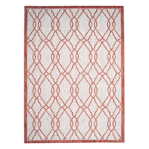 A red and grey flat weave outdoor rug with geometric designs.